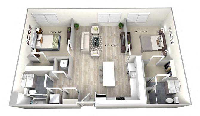 Floor plan for 2 beds, 2 baths, 974 sqft
